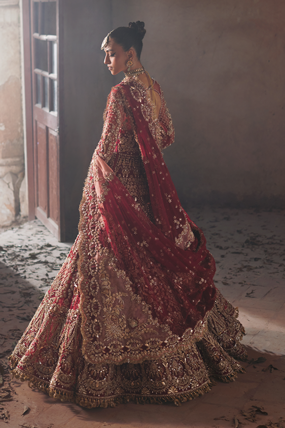 Pakistani Bridal Red Lehenga and Embellished Gown Dress