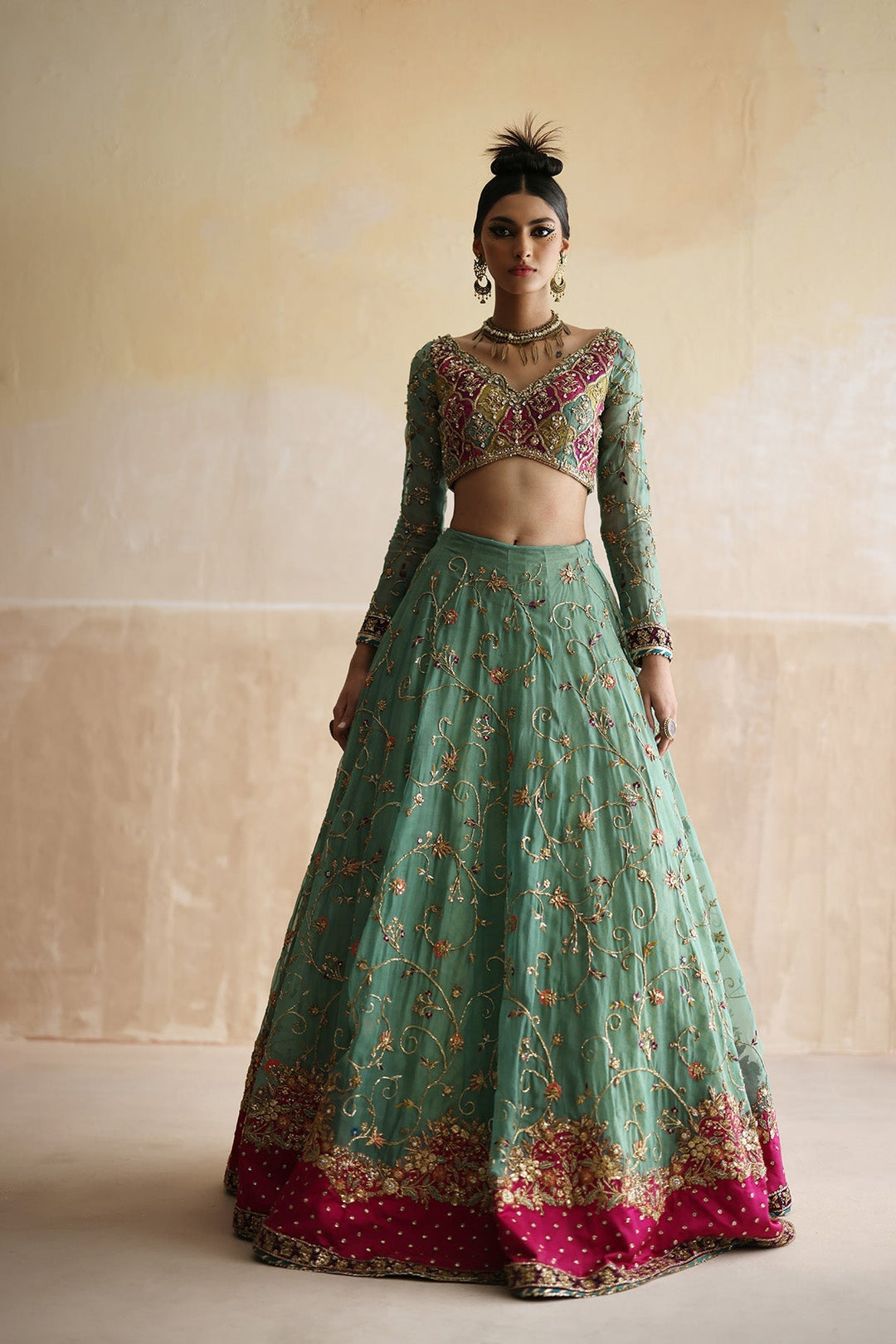 Elegant Pakistani Bridal Mehndi Choli Lehenga Dress