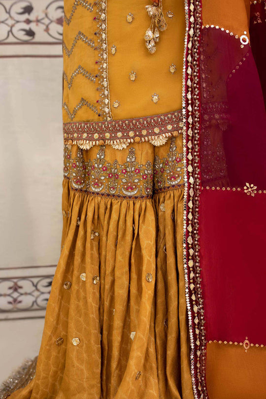 Pakistani Bridal Mehndi Dress in Gharara Kameez Style Nameera by Farooq Pakistani Bridal Mehndi Dress in Gharara Kameez Style Nameera by Farooq