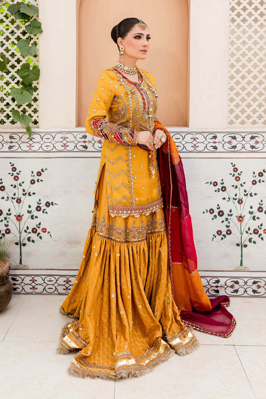Pakistani Bridal Mehndi Dress in Gharara Kameez Style – Nameera by Farooq
