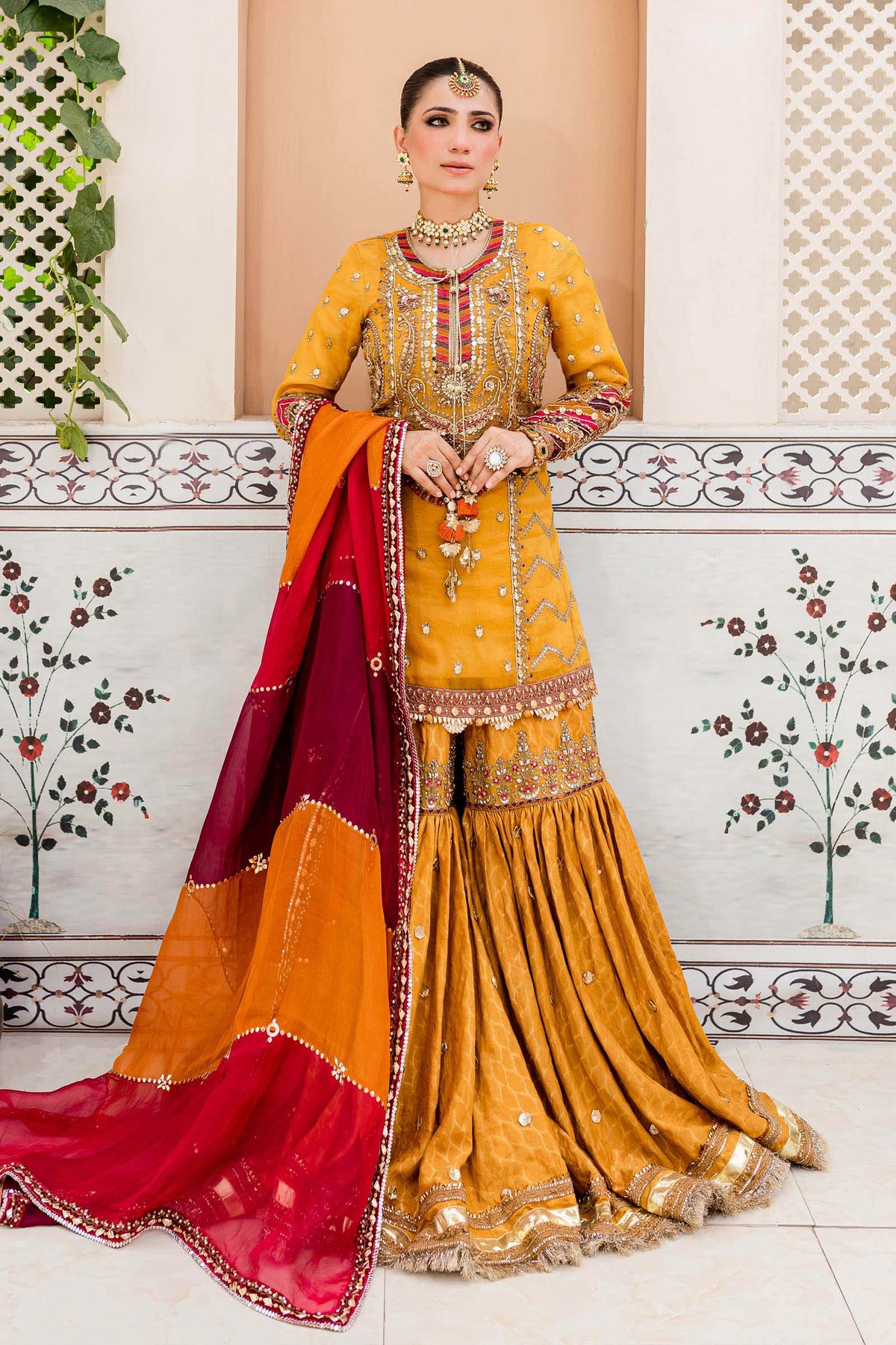 Pakistani Bridal Mehndi Dress in Gharara Kameez Style – Nameera by Farooq