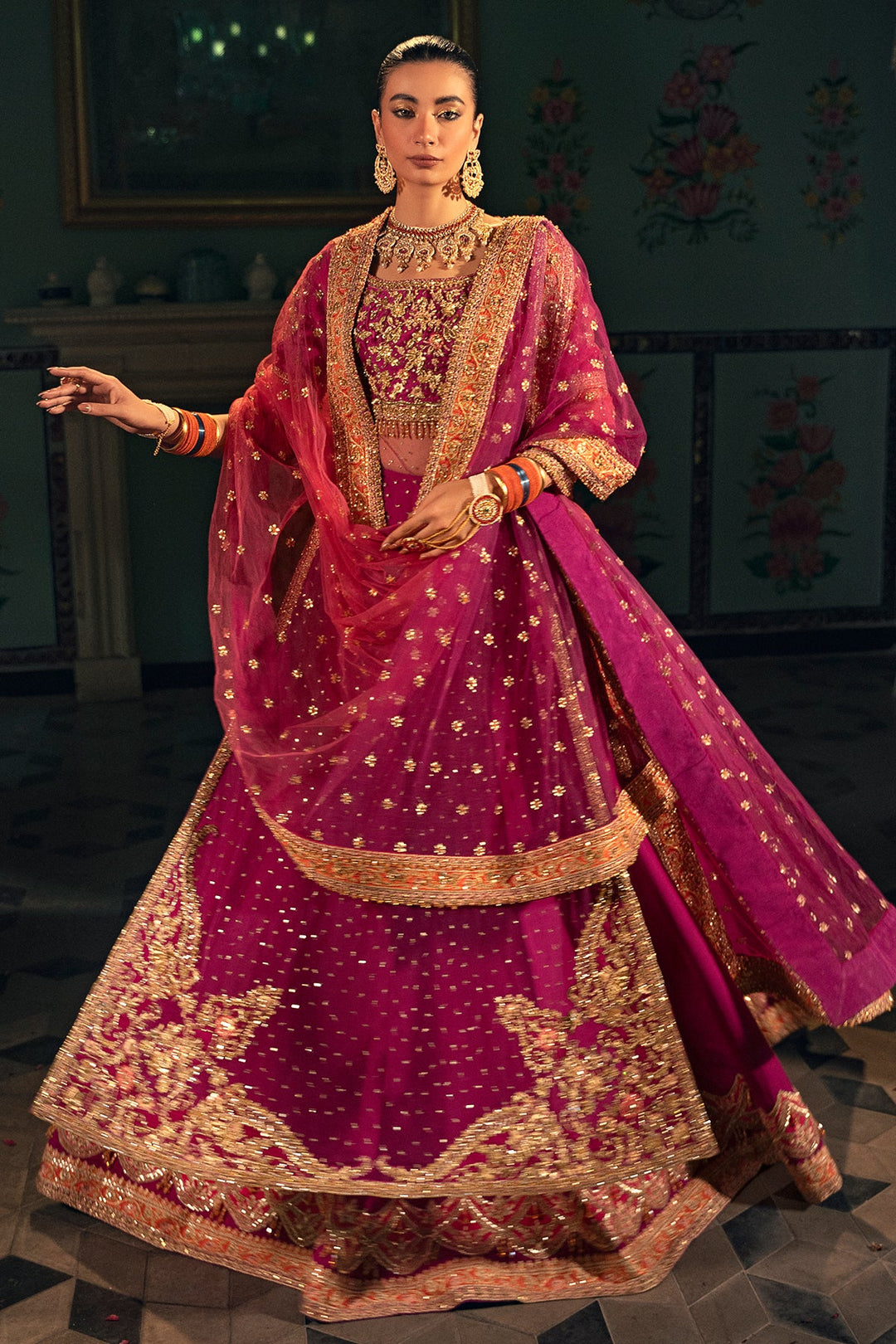 Pakistani Bridal Mehndi Dress in Purple Lehenga Shirt Style