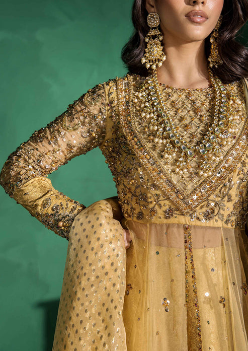 Pakistani Bridal Mehndi Dress in Yellow Pishwas Style Online