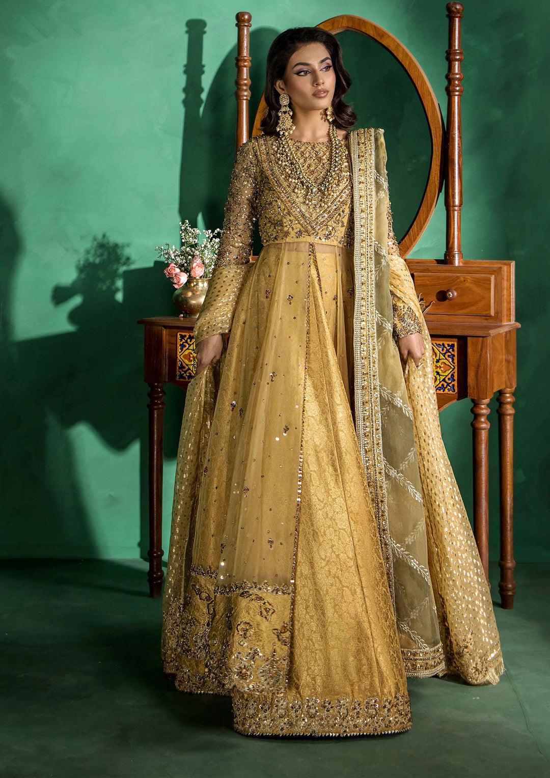 Pakistani Bridal Mehndi Dress in Yellow Pishwas Style
