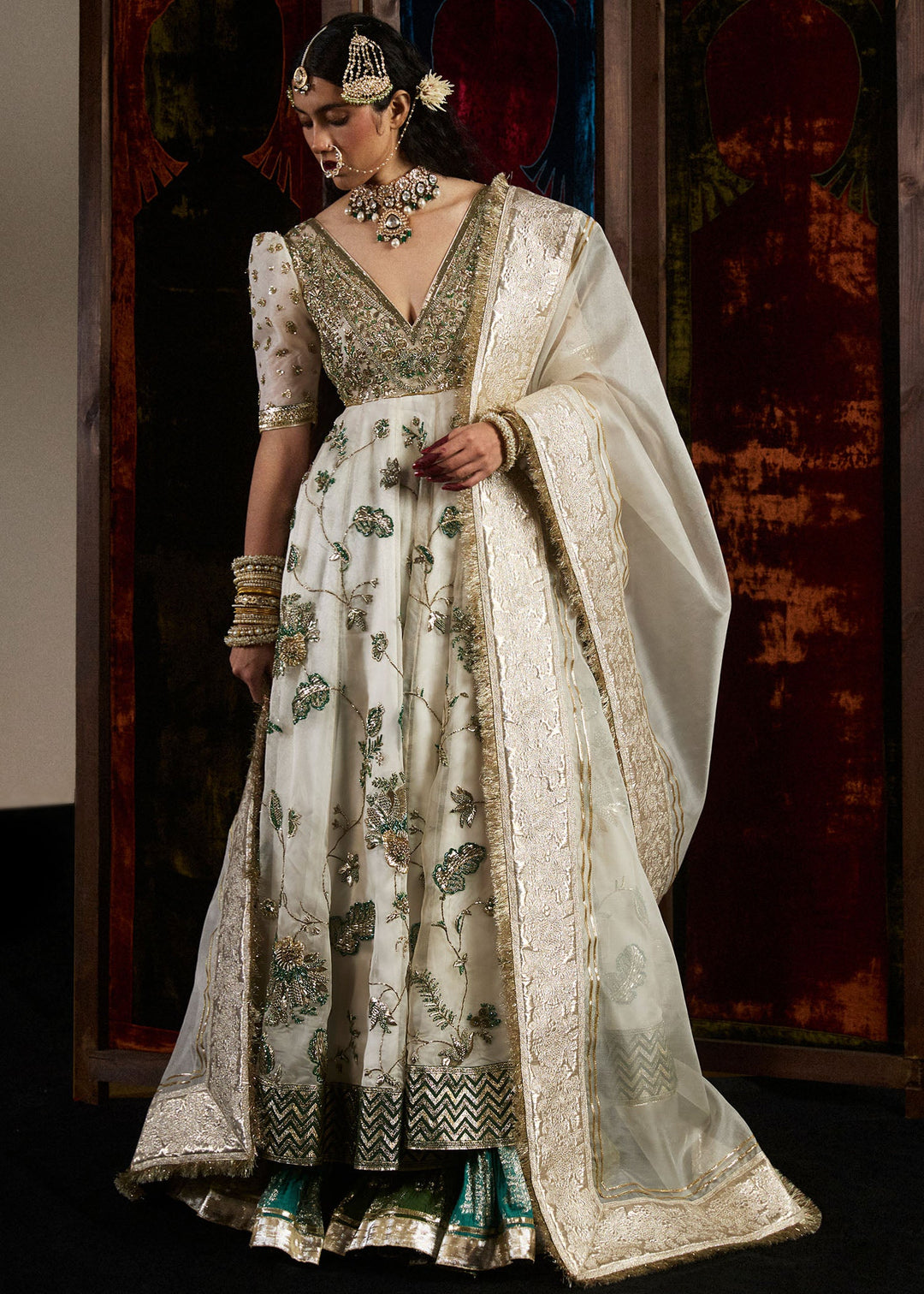 Pakistani Bridal Nikkah Dress in Ivory Pishwas Lehenga Style