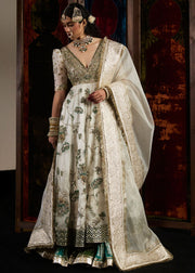 Pakistani Bridal Nikkah Dress in Ivory Pishwas Lehenga Style