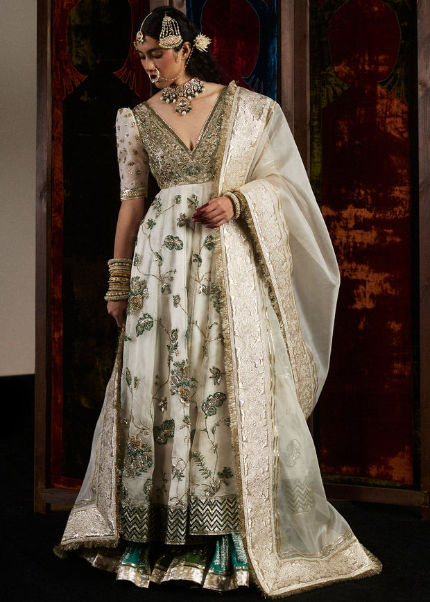Pakistani Bridal Nikkah Dress in Ivory Pishwas Lehenga Style