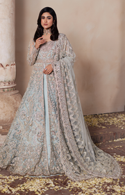 Royal Pakistani Bridal Outfit in Gown and Blue Lehenga Style