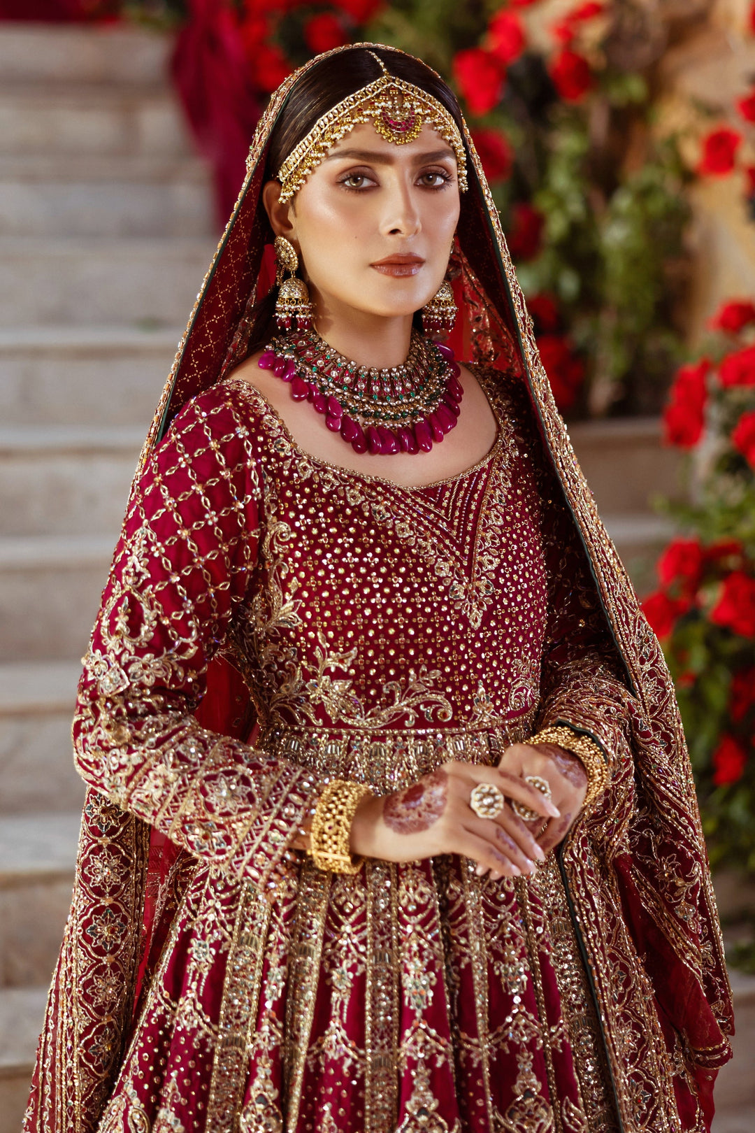 Elegant Red Pakistani Bridal Lehenga Frock Attire