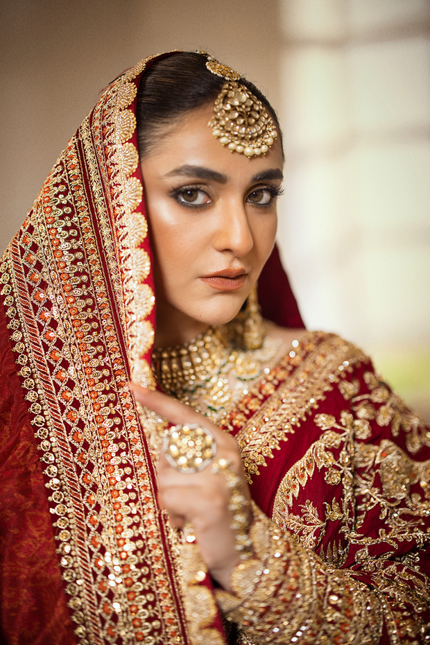 Pakistani Bridal Outfit In Red Lehenga Saree Style Nameera By Farooq pakistani-bridal-outfit-in-red-lehenga-saree-style-nameera-by-farooq