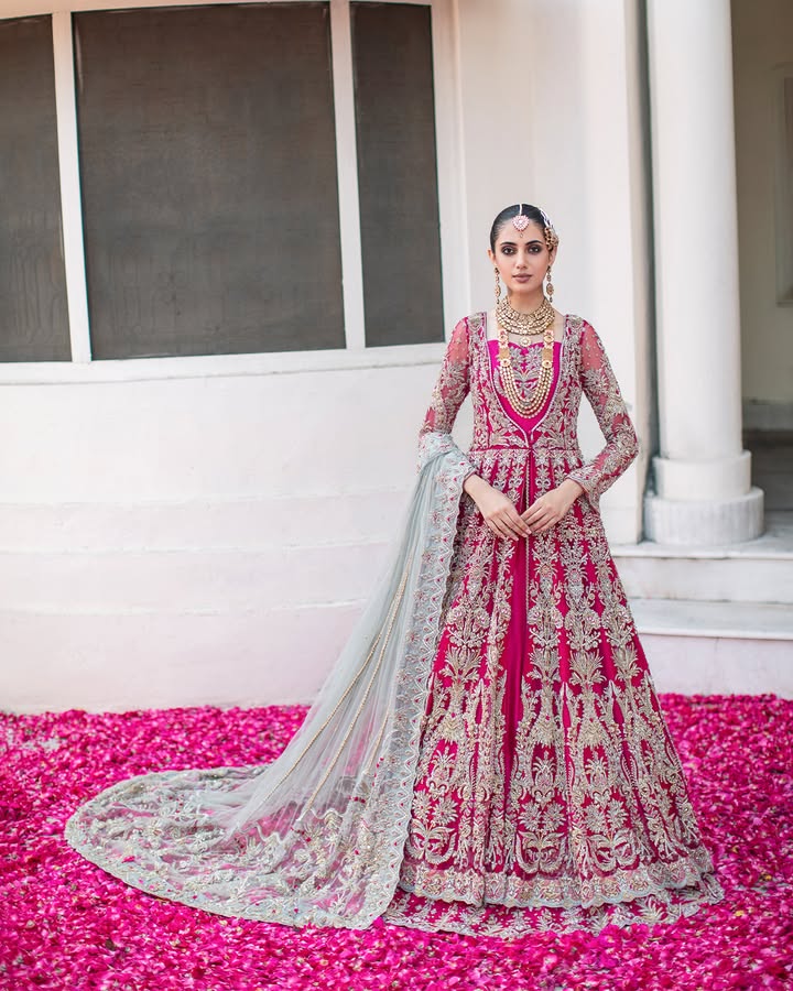 Pakistani Bridal Outfit in Magenta Lehenga Gown Style