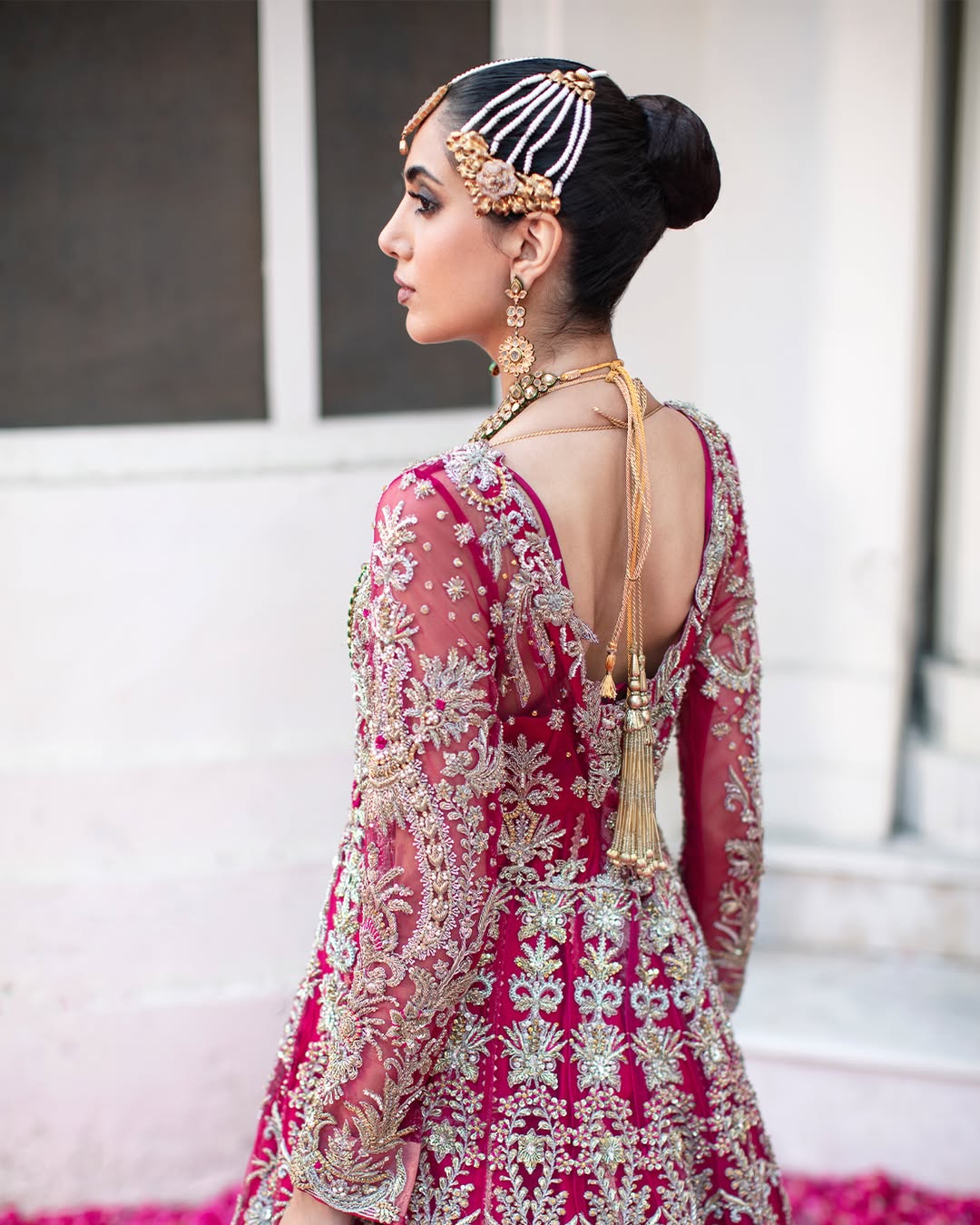 Pakistani Bridal Outfit in Magenta Lehenga Gown Style Online