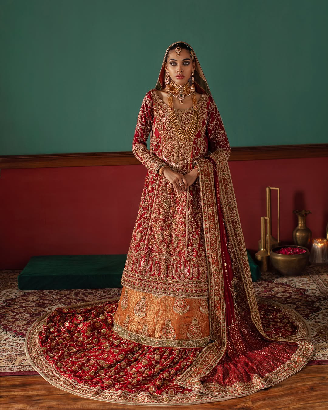 Luxurious Red Pakistani Bridal Lehenga & Kameez