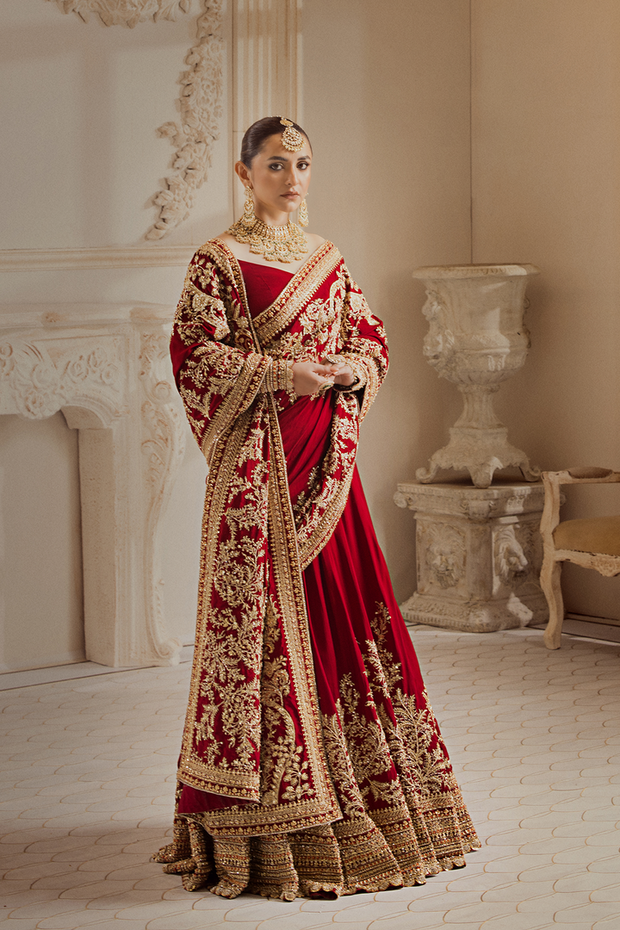 Pakistani Bridal Outfit in Red Lehenga Saree Style Online