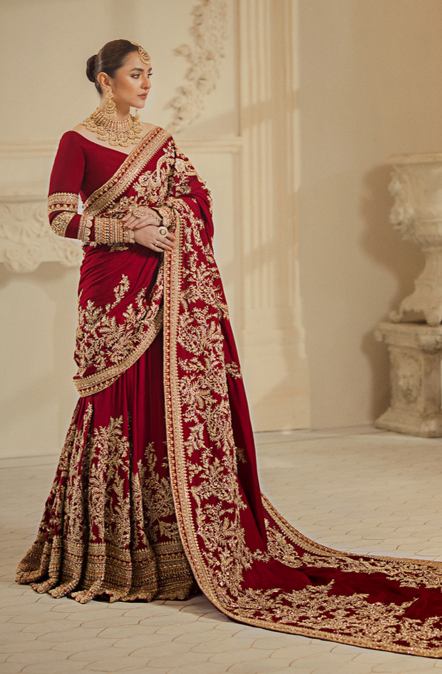 Pakistani Bridal Outfit in Red Lehenga Saree Style Nameera by Farooq
