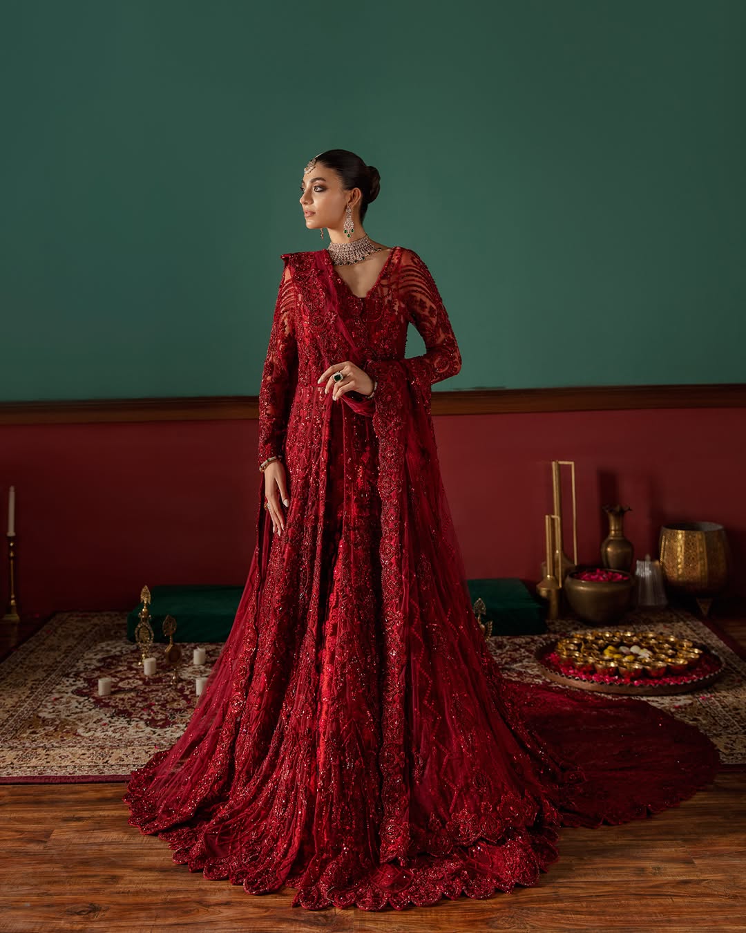 Pakistani Bridal Outfit in Red Net Wedding Gown Style Online