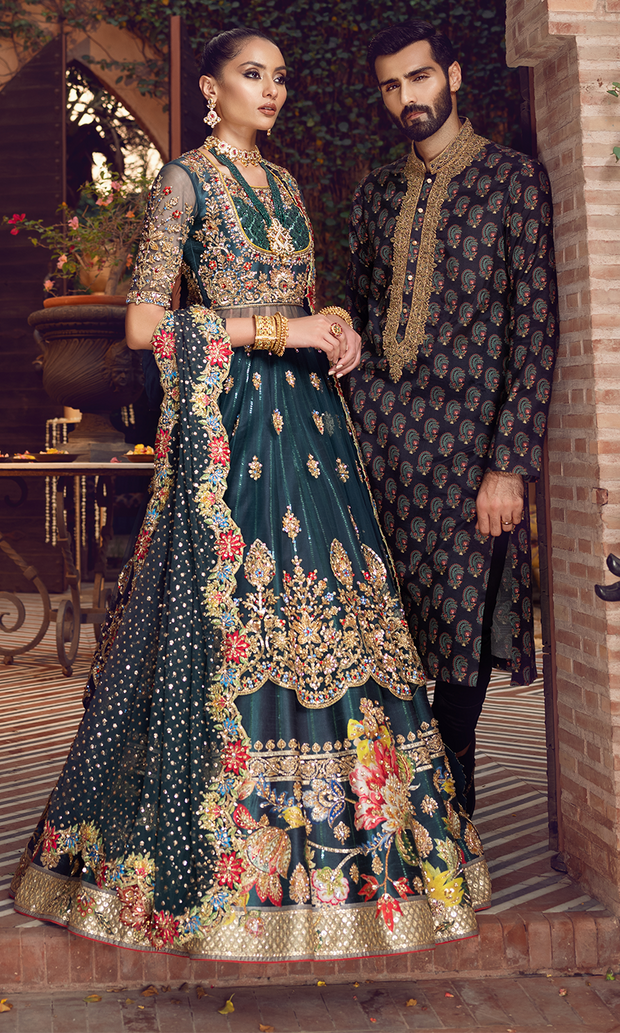 Pakistani Bridal Pishwas Frock Lehenga Mehndi Dress – Nameera by Farooq