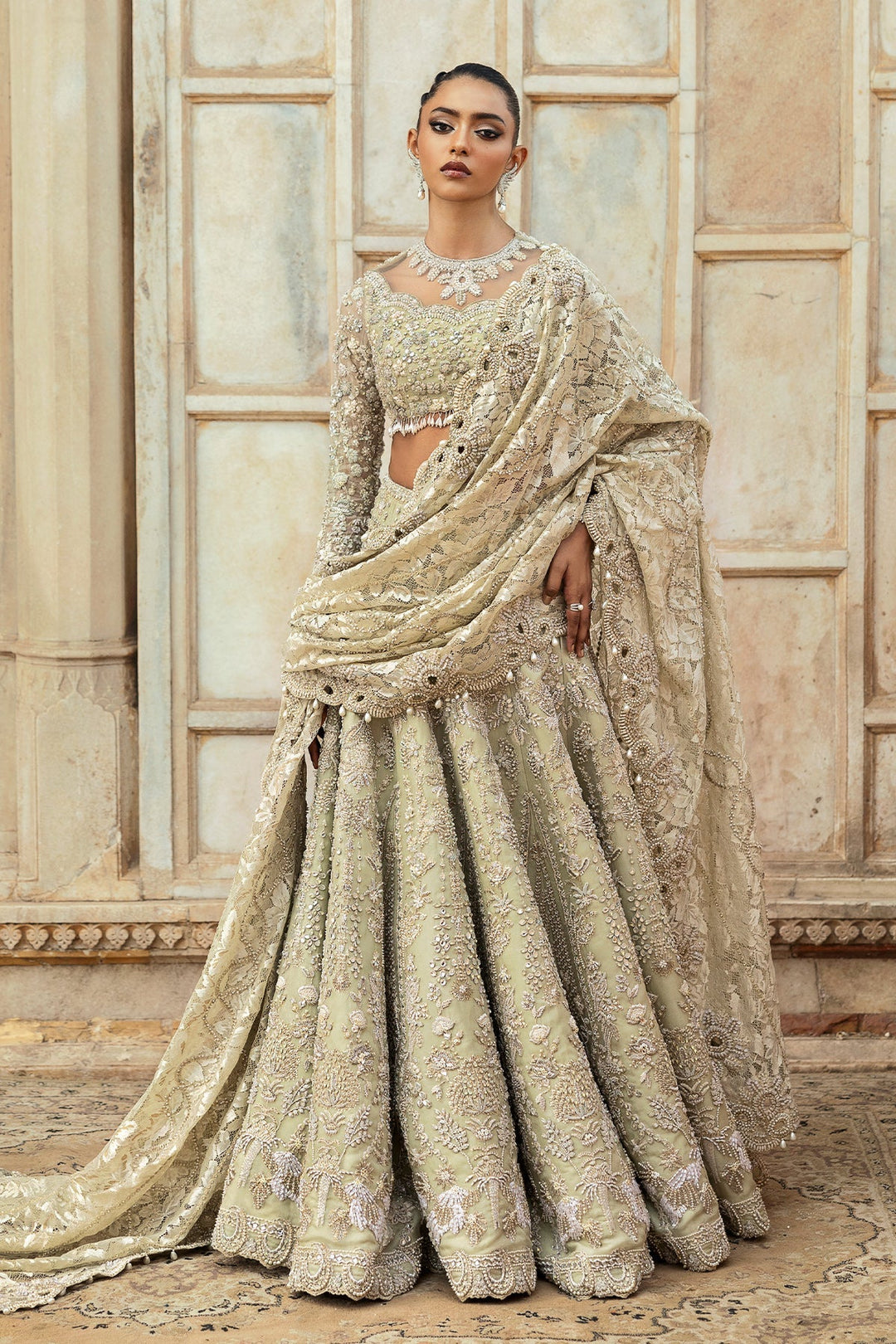 Elegant Pistachio Green Pakistani Bridal Lehenga