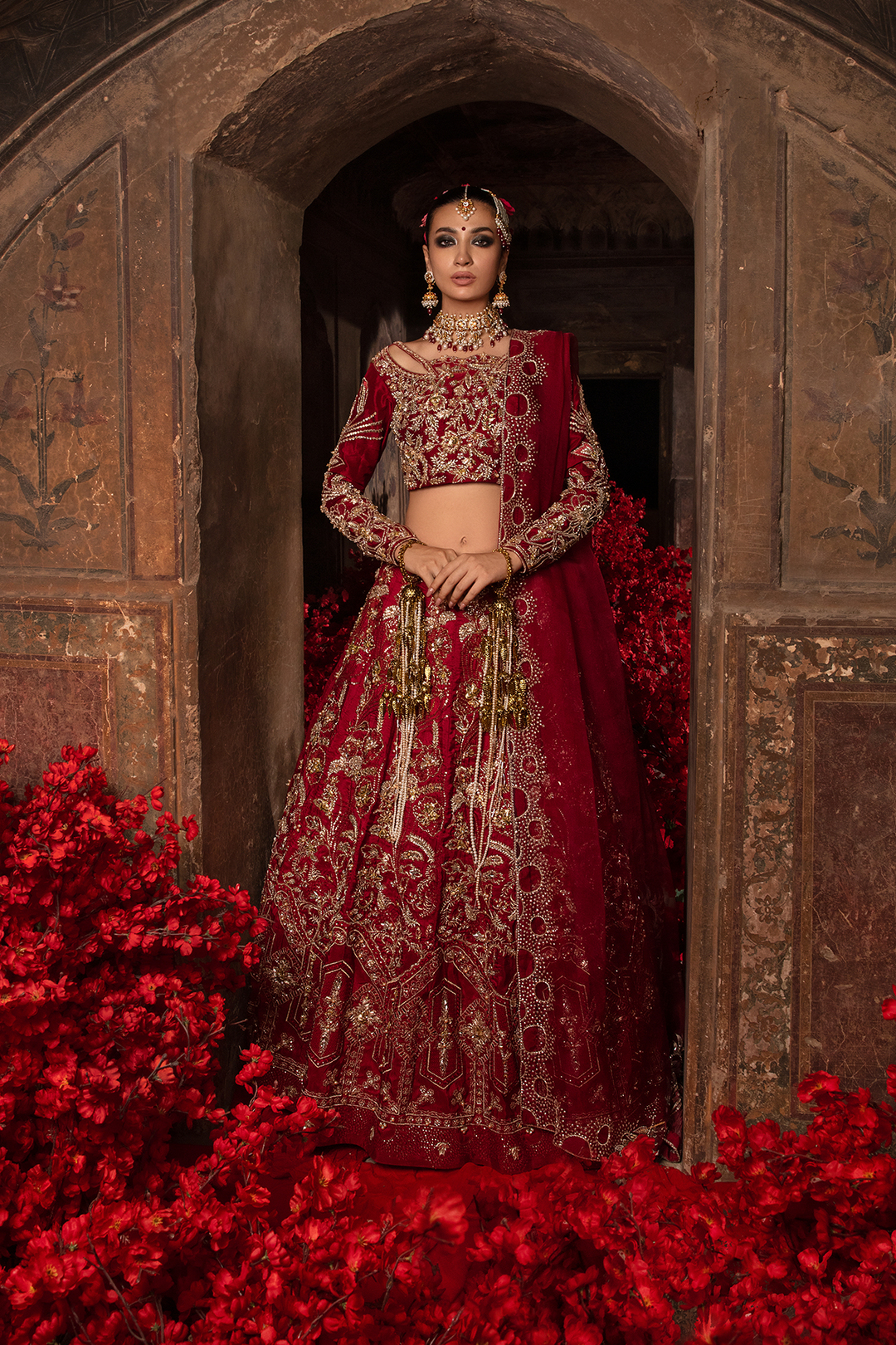 Pakistani Bridal Red Dress in Choli and Lehenga Style