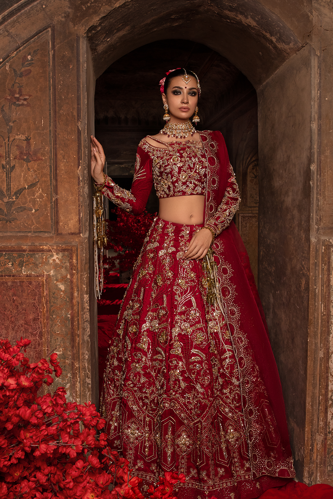 Pakistani Bridal Red Dress in Choli and Lehenga Style Online