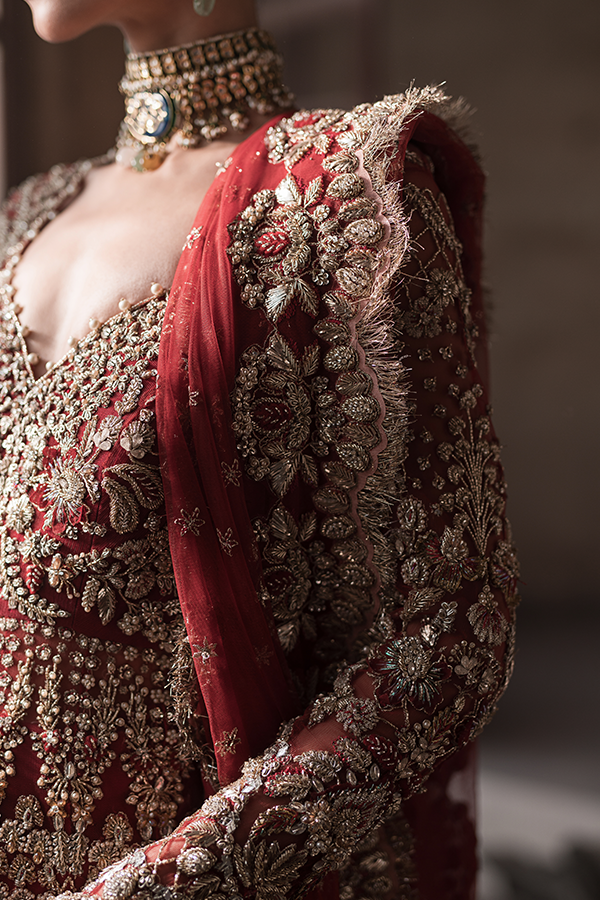 Pakistani Bridal Red Lehenga and Embellished Gown Dress