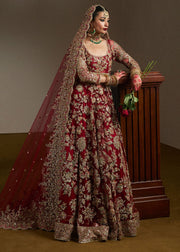 Pakistani Bridal Red Pishwas Lehenga and Dupatta Dress Online