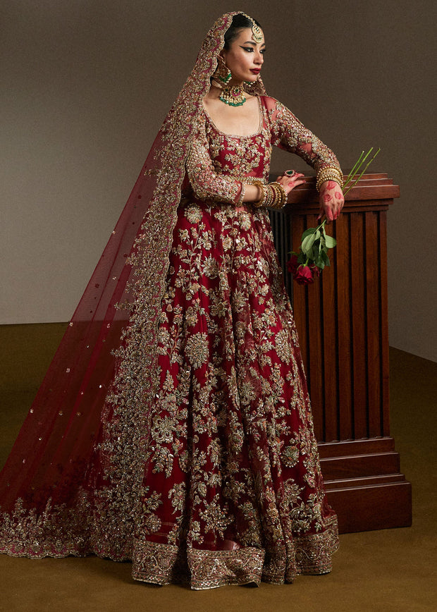 Pakistani Bridal Red Pishwas Lehenga and Dupatta Dress Online