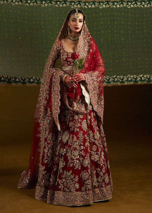Pakistani Bridal Red Pishwas Lehenga and Dupatta Dress