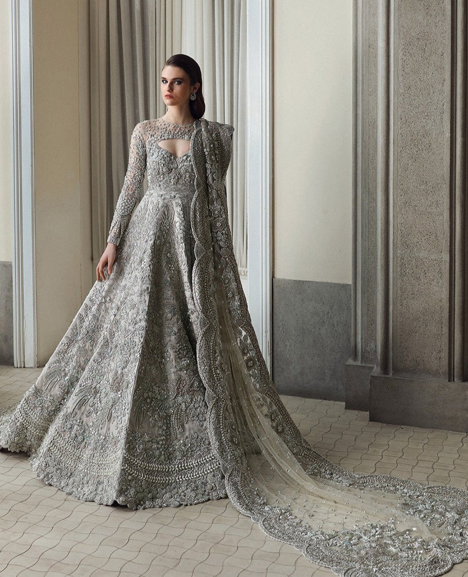 grey walima dress Maxi Bridal Walima Silk S Grey Mumtaz Mirage Stitched Ready wear Designer  Inspired Wedding Clothes Pakistani Indian Asian Fancy Ladies Womens Suits –  AÏNN London main image 1