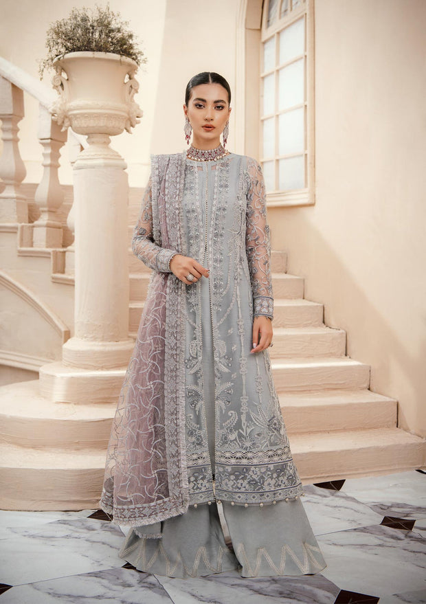 Pakistani Grey Open Shirt Embroidered Kameez Trousers Dupatta