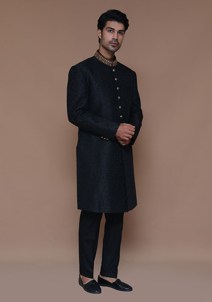 Premium Pakistani Groom Dress in Black Sherwani Style