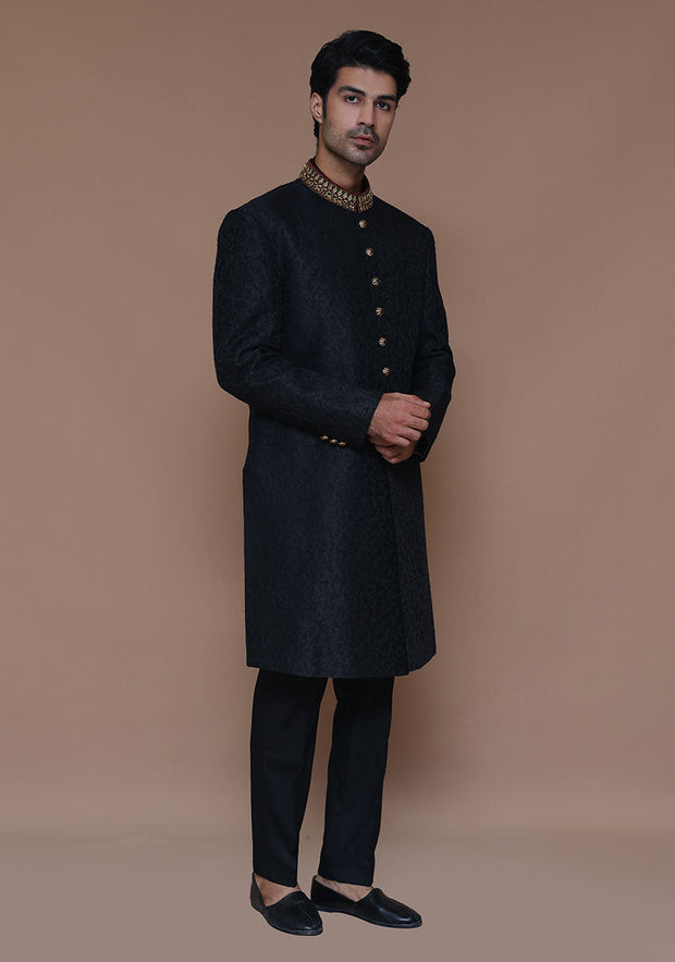 Premium Pakistani Groom Dress in Black Sherwani Style