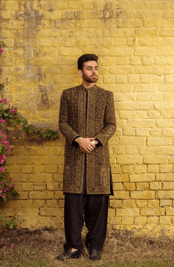 Pakistani Groom Dress in Black Silk Sherwani Style