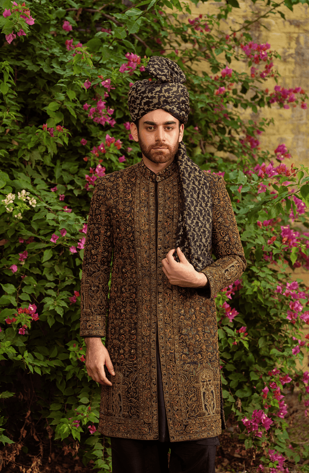 Pakistani Groom Dress in Black Silk Sherwani Style Online