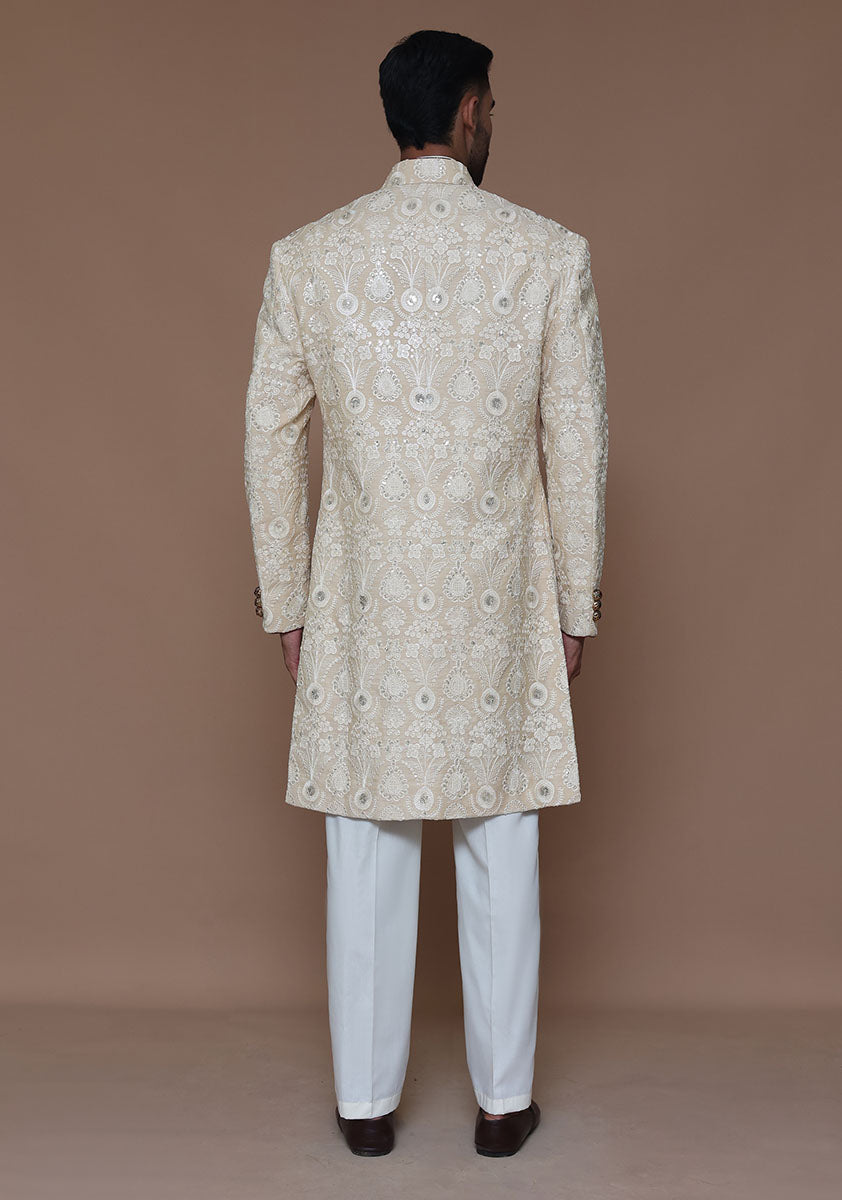 Pakistani Groom Dress in Cotton Net Sherwani Style Online