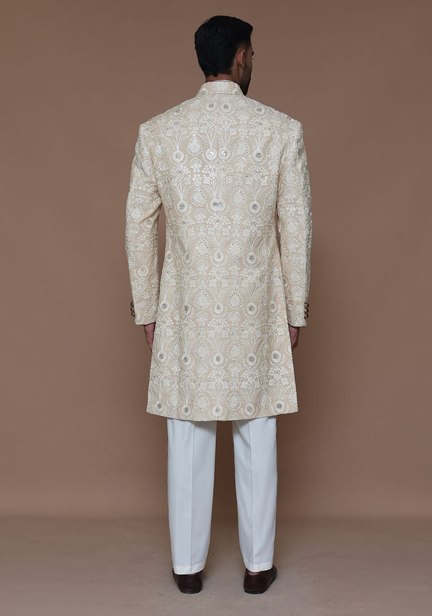 Pakistani Groom Dress in Cotton Net Sherwani Style Online