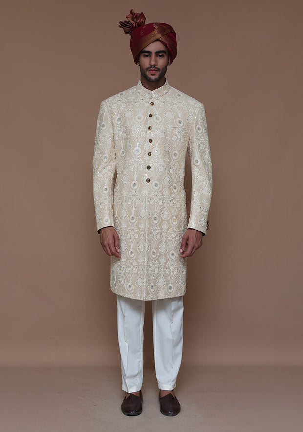 Pakistani Groom Dress in Cotton Net Sherwani Style