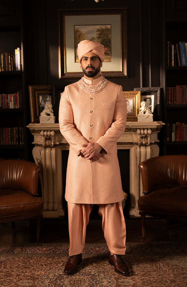 Pakistani Groom Dress in Elegant Pink Sherwani Style