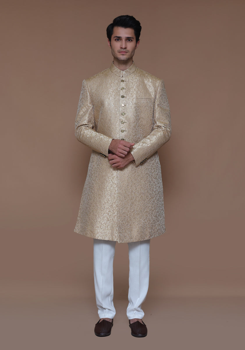 Pakistani Groom Dress in Zari Jamawar Sherwani Style
