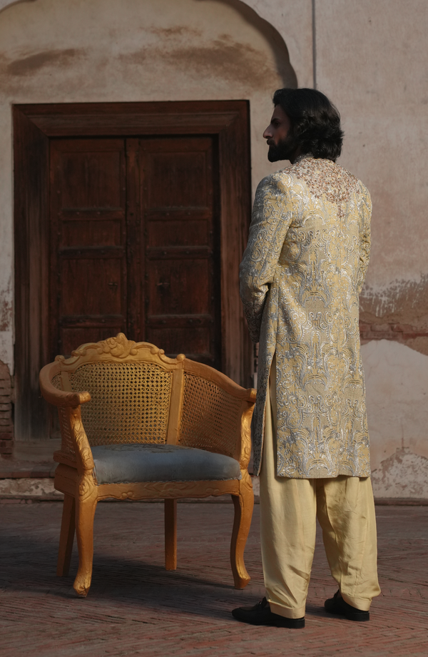 Pakistani Groom Dress in Light Beige Sherwani Style Online
