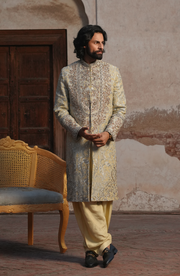 Pakistani Groom Dress in Light Beige Sherwani Style