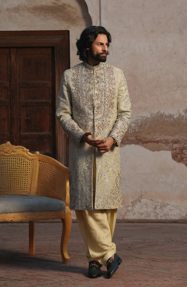 Pakistani Groom Dress in Light Beige Sherwani Style