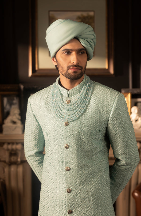 Pakistani Groom Dress in Mint Blue Silk Sherwani Style Online