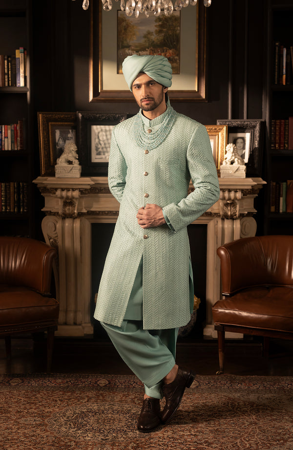 Pakistani Groom Dress in Mint Blue Silk Sherwani Style