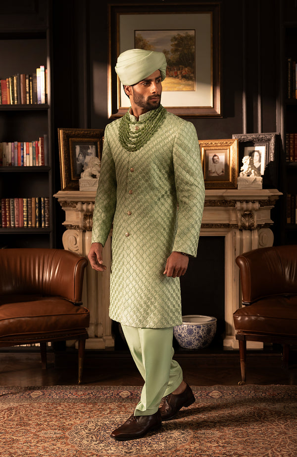 Pakistani Groom Dress in Mint Green Sherwani Style Online