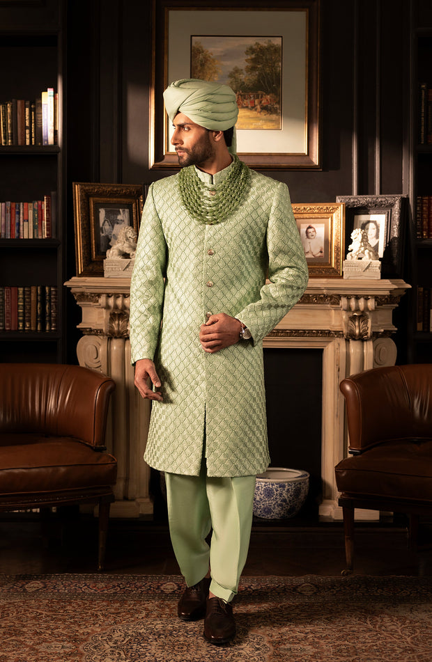 Pakistani Groom Dress in Mint Green Sherwani Style