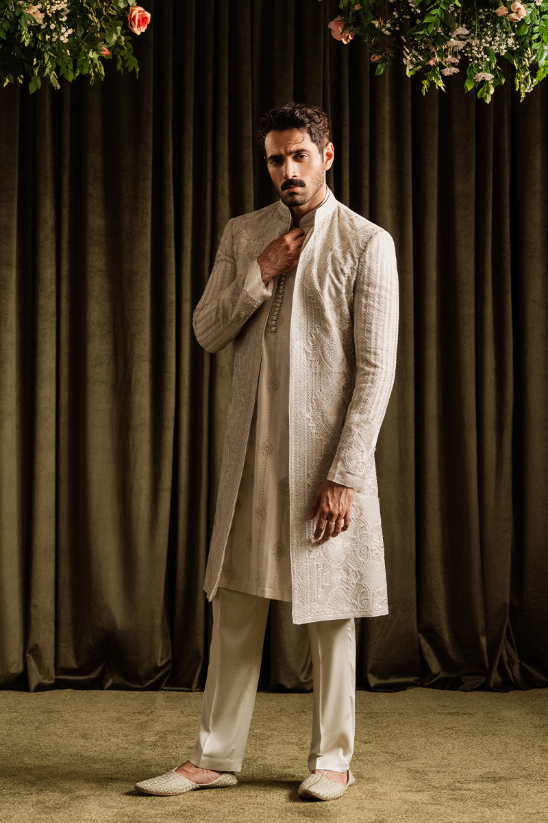 Pakistani Groom Dress in Off-white Open Sherwani Style LARGE
