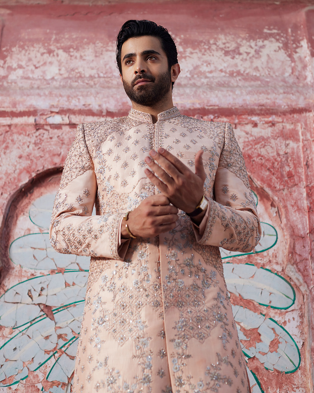 Pakistani Groom Dress in Peach Raw Silk Sherwani Style Online