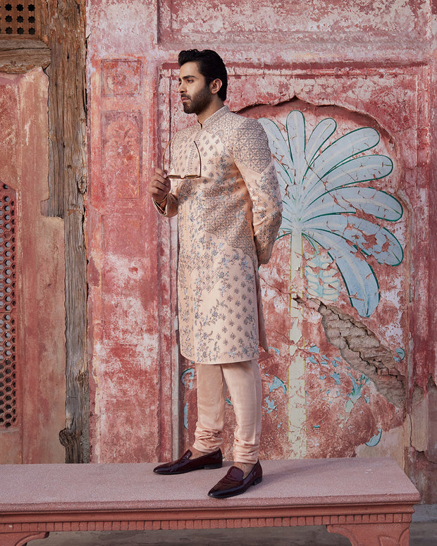Pakistani Groom Dress in Peach Raw Silk Sherwani Style