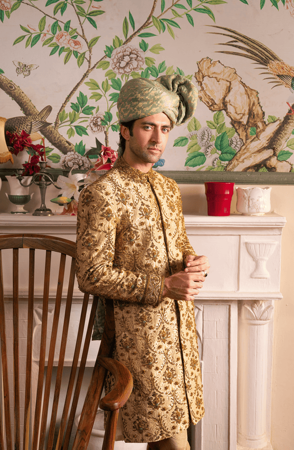 Pakistani Groom Dress in Beige Sherwani Style